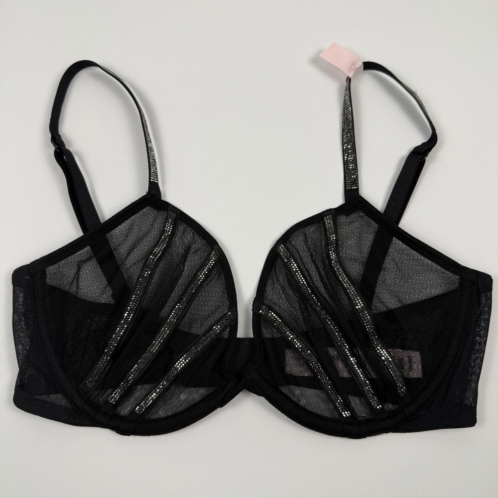 Victoria's Secret Very Sexy Black Mesh Lace Demi Underwire Bra Shine Strap 36B